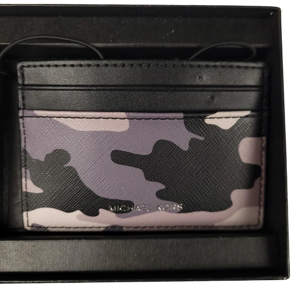 Michael Kors Camo Card Wallet Keychain Gift Set Gray Black New Boxed Fathers Day